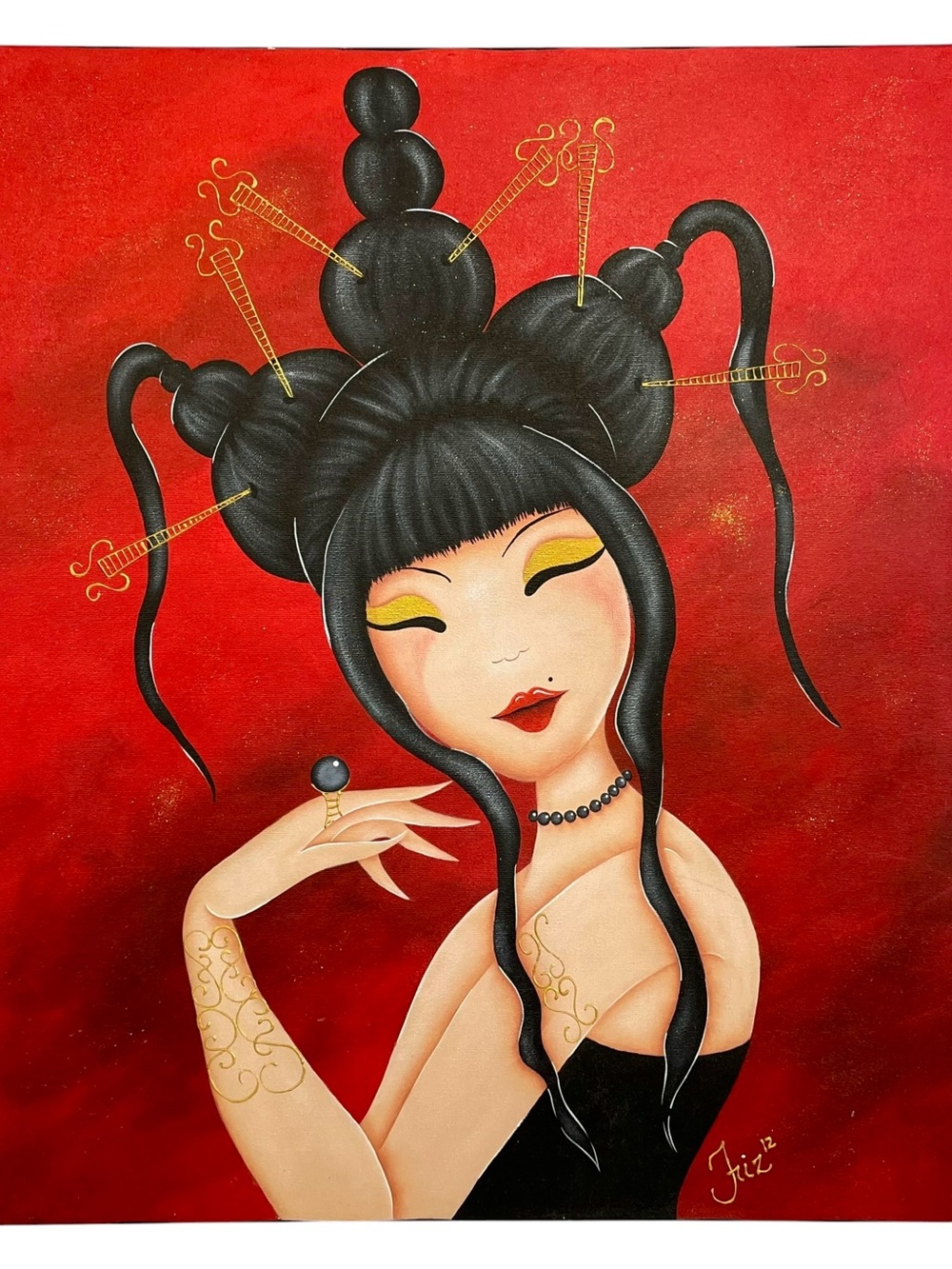 Vintage 2000s Ruby by Manon Fisette Asian-Pop Art Style Woman Portrait Acrylic